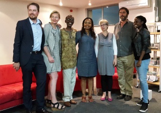 Left to right: Ben Williams, Indra Wussow, Chirikure Chirikure, Pumla Gqola, Brigitte Doellgast, Alan Finlay and TJ Dema at the Goethe Institute in Johannesburg
